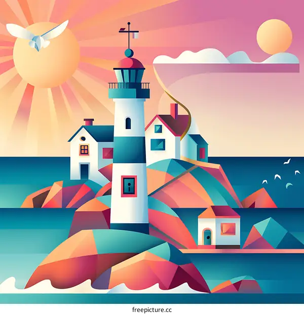 Lighthouse on a Rocky Island with Sunset