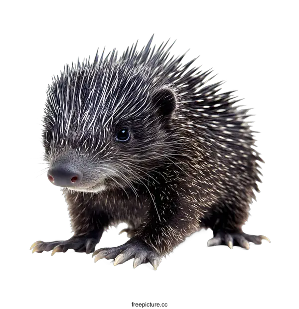 [Transparent Background PNG]Cute Baby Hedgehog with Spiky Fur Standing on White Background