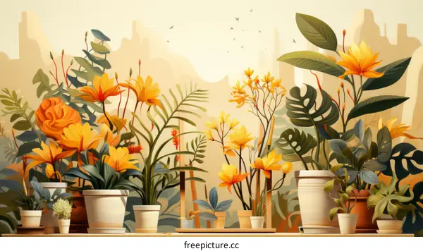 A beautiful illustration of a variety of potted plants in front of a sandy background