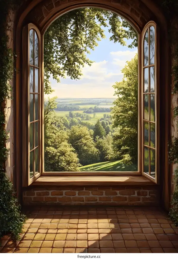 Open Window with View of Forest and Fields