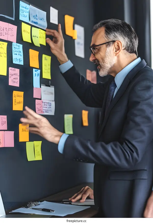 Businessman Presenting Ideas on Sticky Notes on Wall