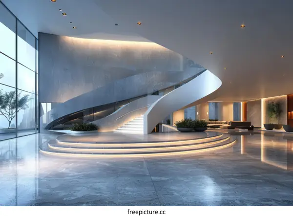 Modern office interior with curved staircase
