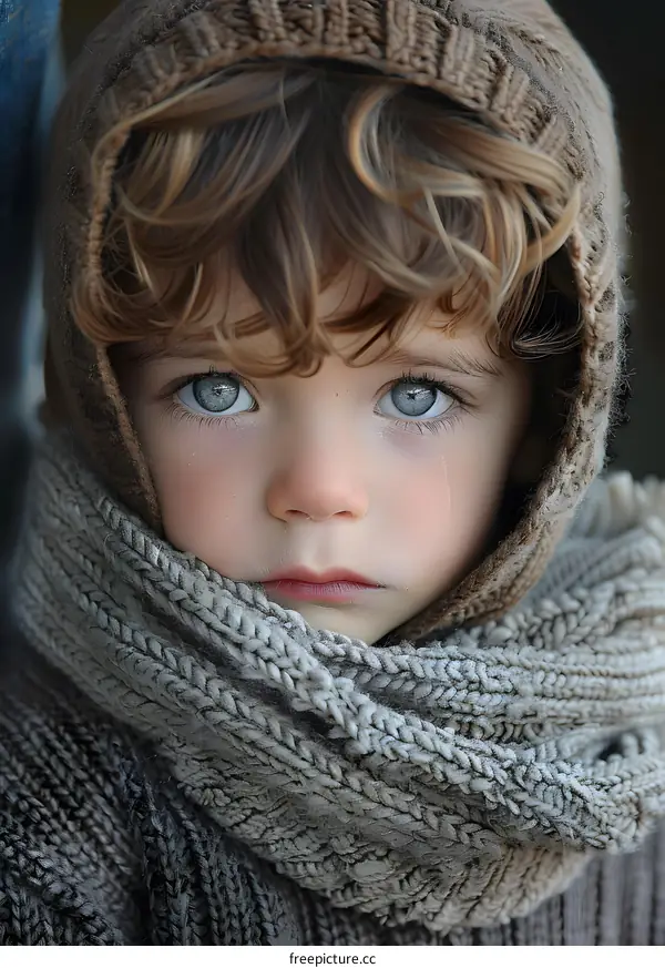 portrait of a cute caucasian boy with green eyes and curly blond hair wearing a brown knitted hat and scarf