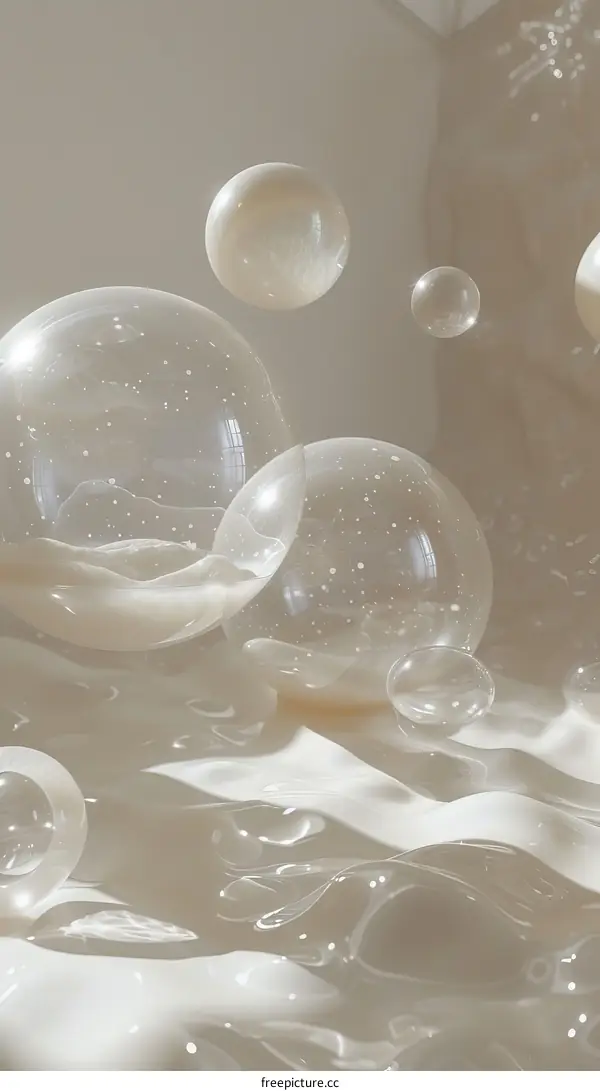 Floating Glassy Spheres with Snowy Liquid