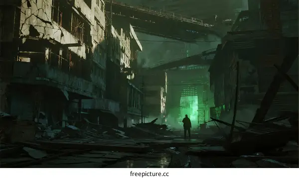 A lone figure stands amid crumbling urban ruins with neon glow