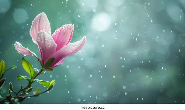 Raindrops falling on a pink magnolia flower