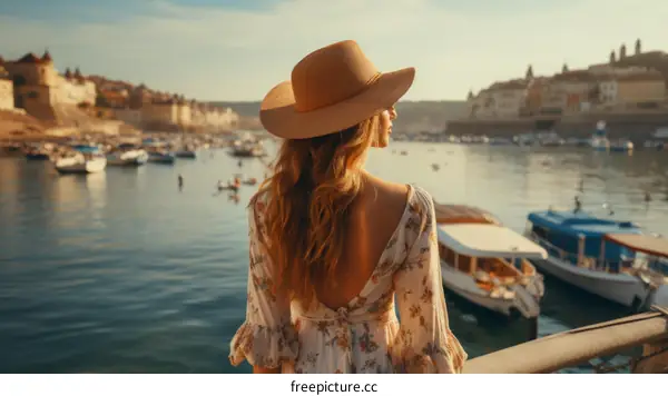 Blonde woman in a straw hat looking at the harbor