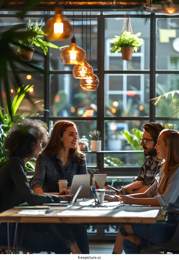 Four people sitting at a table in a cafe