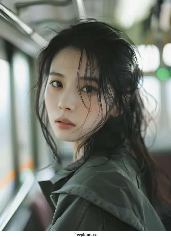 Asian Woman With Black Hair Sitting On A Bus