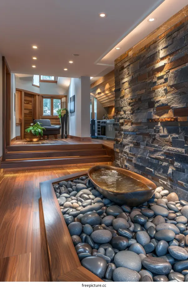 Modern house interior with stone wall and water feature