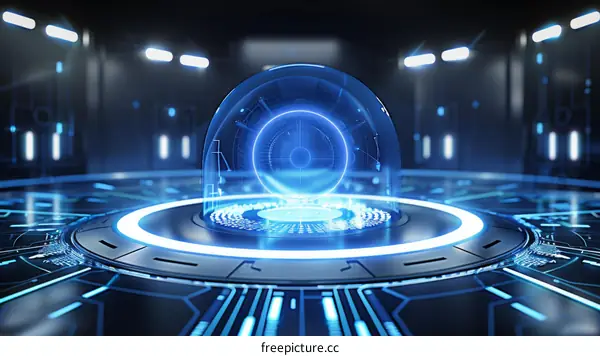 Futuristic Technology Platform with Glowing Blue Orb