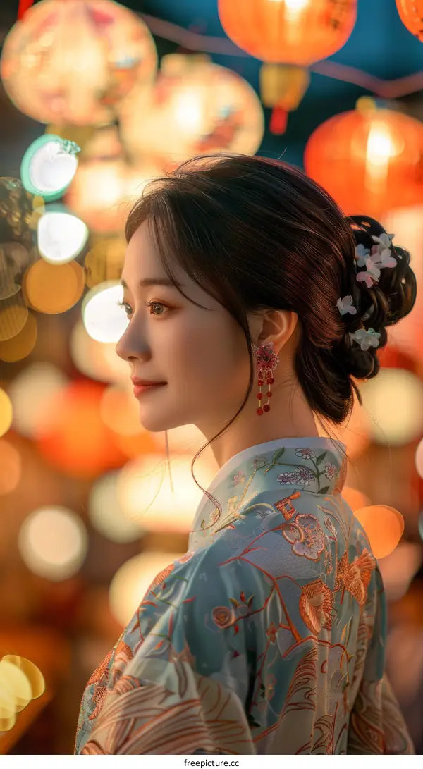 A beautiful Chinese woman wearing a traditional Hanfu dress is standing in a street with red lanterns.