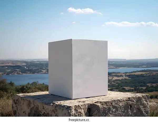 White Cube on a Stone Base with a Mountain and Water Background