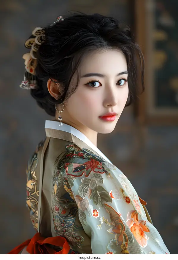 Portrait of a beautiful Asian woman in traditional Korean dress, or Hanbok