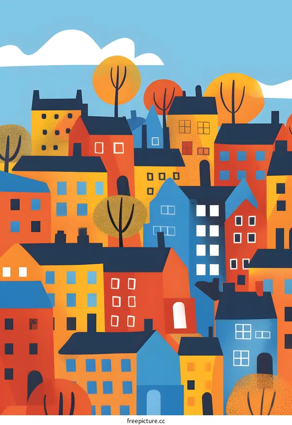 Colorful Illustration of a Cityscape with Buildings and Trees
