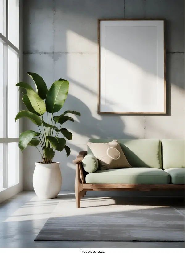 Modern living room with green sofa and potted plant