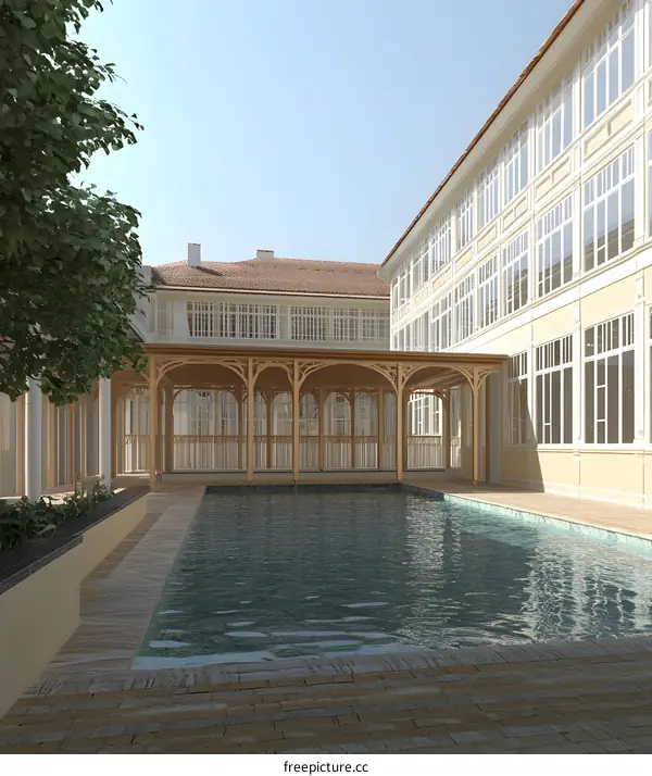 Courtyard Pool and Wooden Pergola Architectural Design