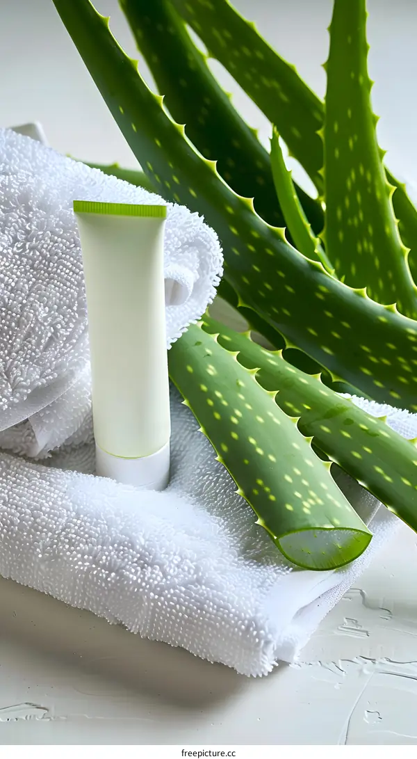 Aloe Vera Cream With Towels And Aloe Vera Leaves