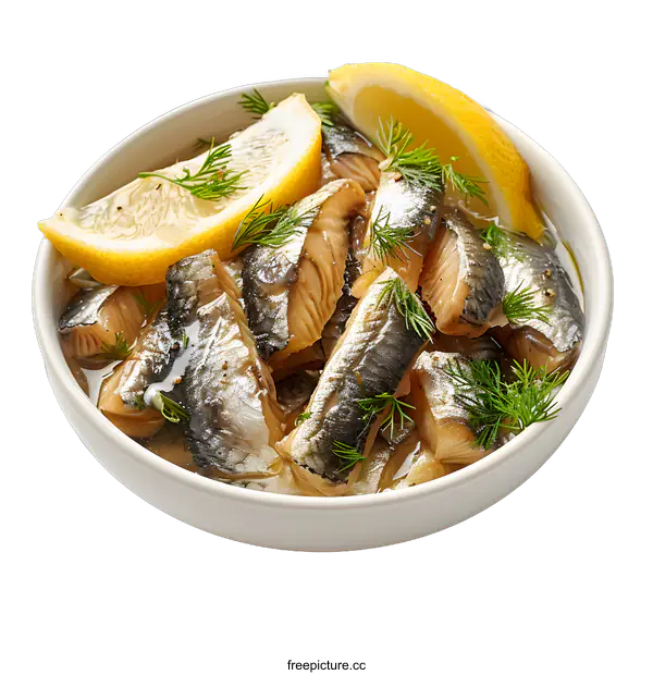 [Transparent Background PNG]A bowl of herring fillets with lemon wedges and dill