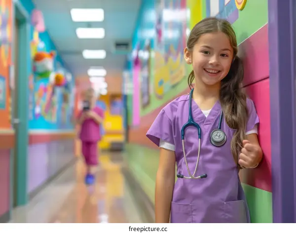 Little girl dressed up as a doctor in a colorful hospital hallway