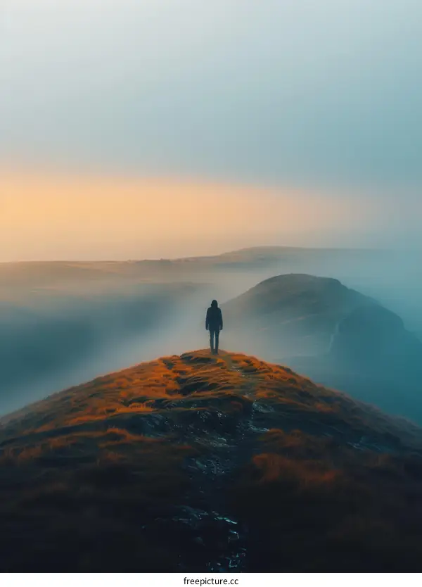 Solitary Figure on Mountaintop Overlooking Foggy Valley