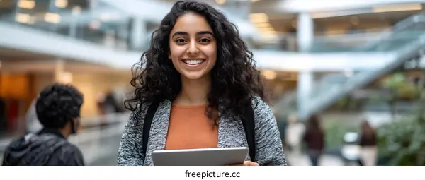 Smiling Woman Holding Tablet in Modern Building