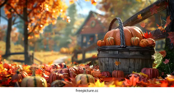 A basket full of pumpkins in the middle of a field