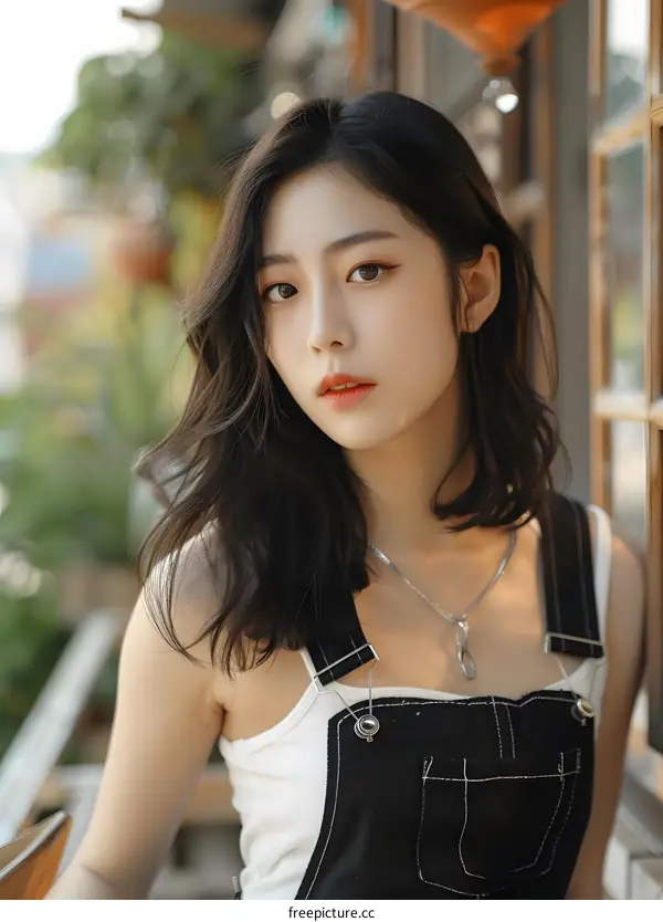 Portrait of a Young Asian Woman Wearing a Black Jumpsuit