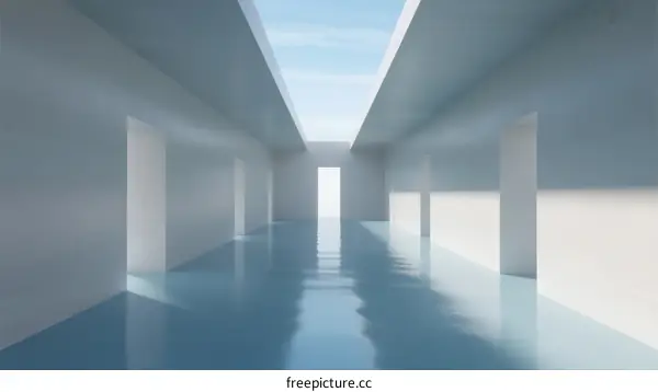 A Long, Minimalist Corridor with Skylight and Reflective Floor