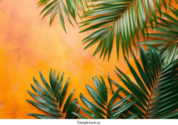 Green palm leaves on orange background. Summer tropical background with palm leaves. Exotic tropical foliage.