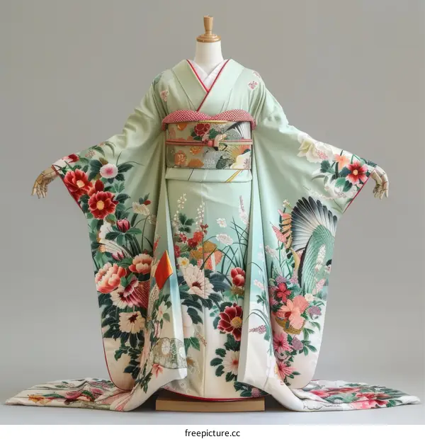 A woman wearing a light green kimono with floral patterns.