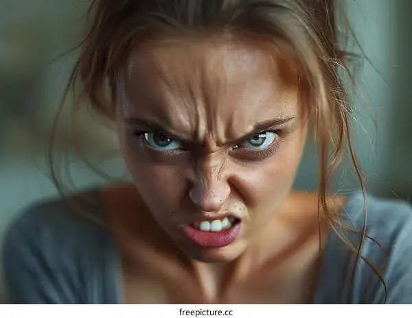 Close-up Portrait of a Caucasian Woman Expressing Anger