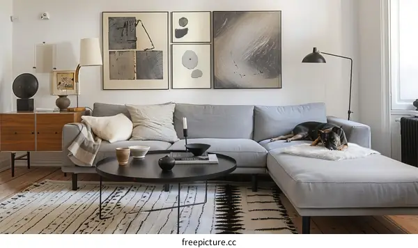 A living room with a dog sleeping on the couch