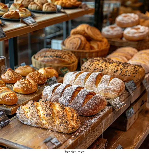 Loaf of bread on a rustic wood shelf in a bakery