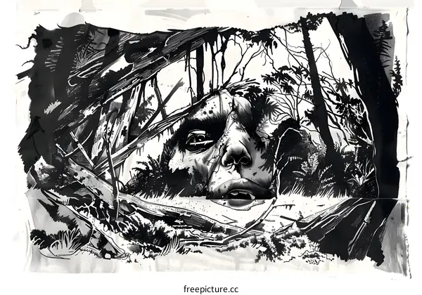 Black and White Illustration of a Face in the Woods