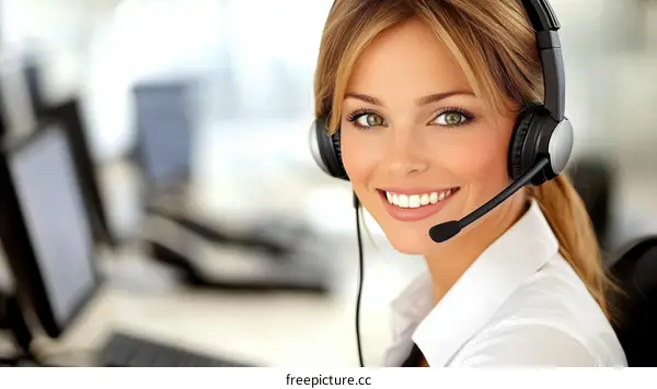 Smiling Business Woman Wearing Headset