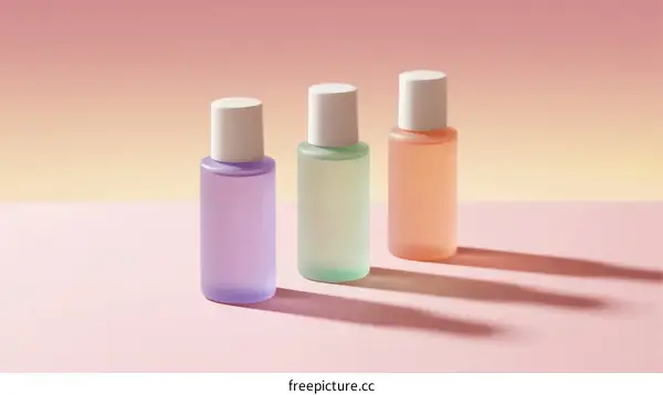 Three Colorful Bottles with White Caps on Pink Background