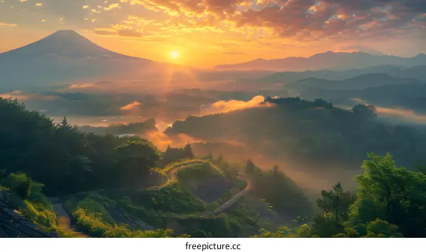 Landscape of Mount Fuji with clouds and sunlight