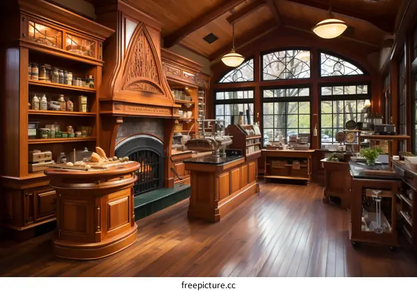 Luxurious Grocery Store Interior Design: Wood, Shelves, and a Fireplace