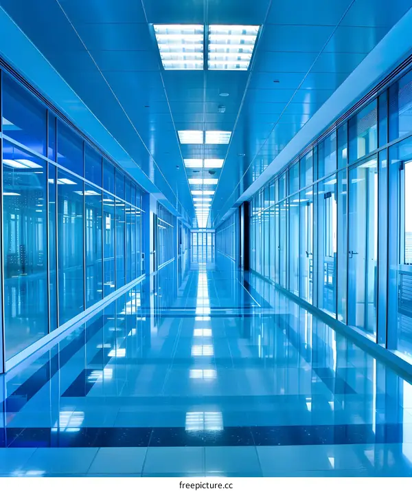 Modern Office Hallway with Blue Walls and Glass Windows