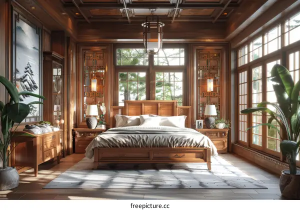 Elegant Wooden Bedroom with Large Windows