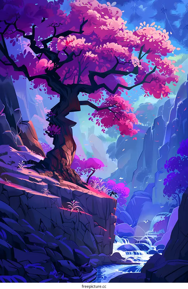 Fantasy Landscape With Pink Tree And Waterfall