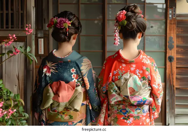 Two Japanese women wearing traditional kimono
