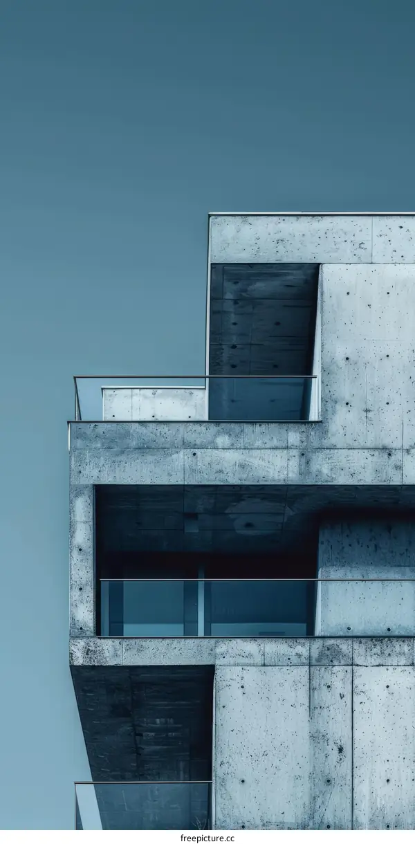 Balcony of a concrete building with blue sky background