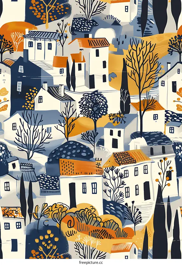 Abstract Autumn Village Landscape Illustration