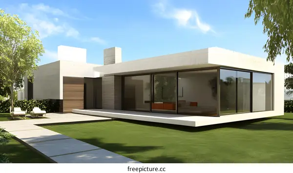 Modern Architecture House Design with Glass Windows and Green Grass