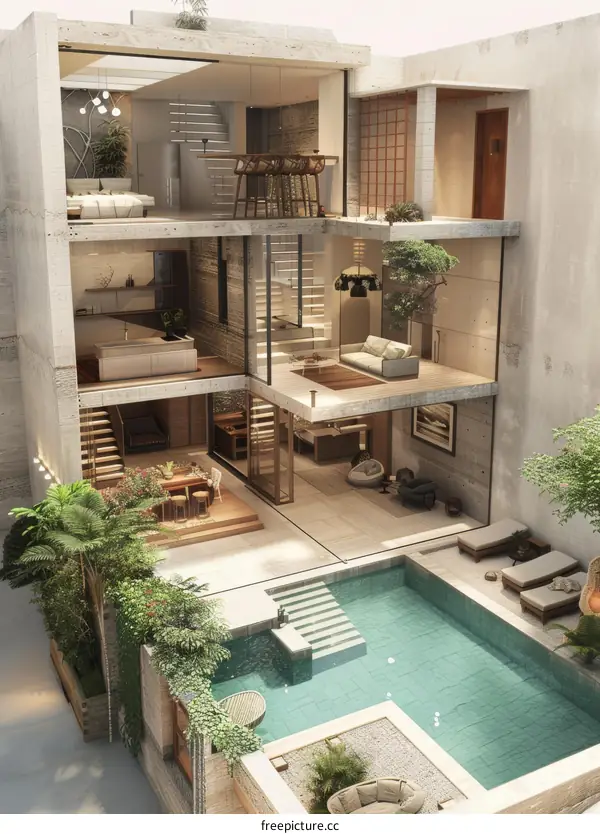 Modern Concrete House with Courtyard Pool