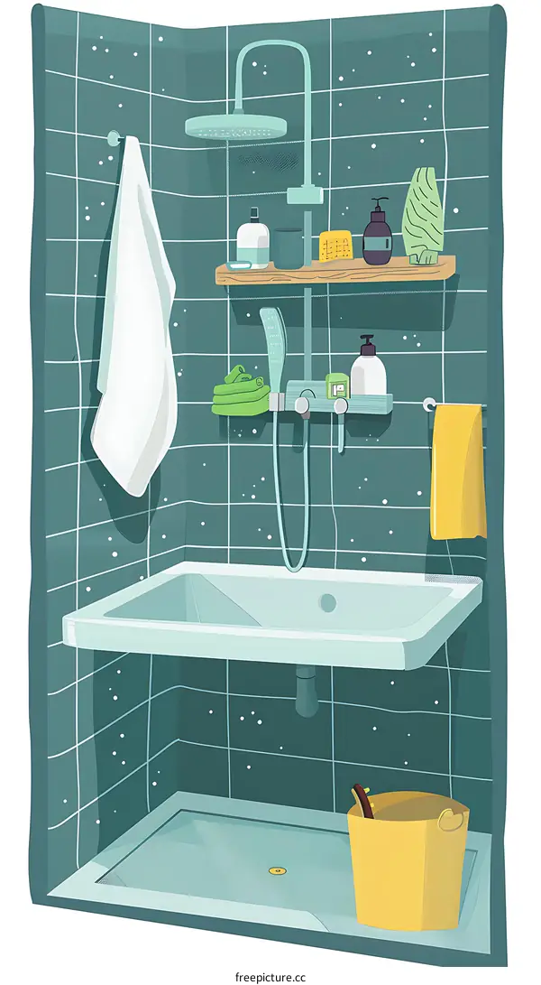 Bathroom Shower Stall Illustration With Teal Tile