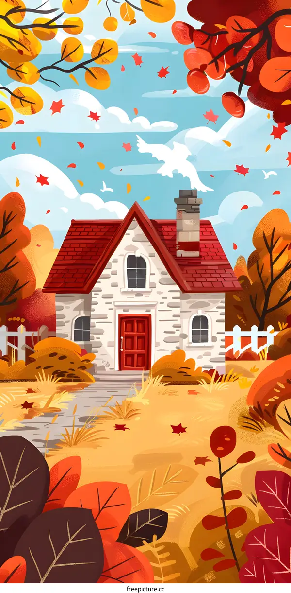 Autumn House Illustration with Falling Leaves