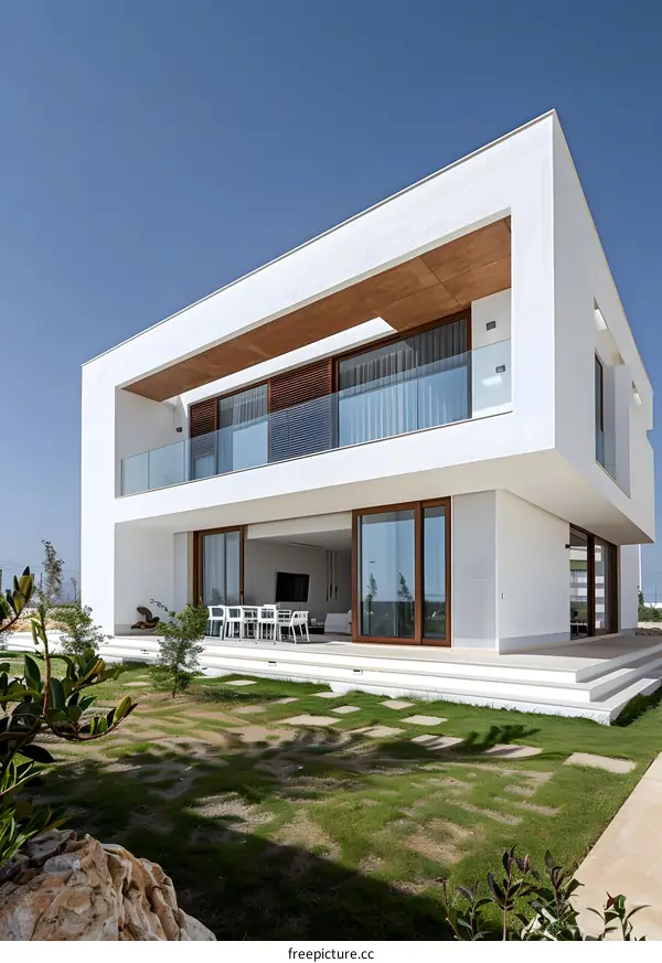 Modern White House with Wooden Details and Glass Balconies